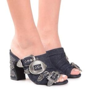 Jeffrey Campbell Fanta Denim Buckle Studded Mules 7